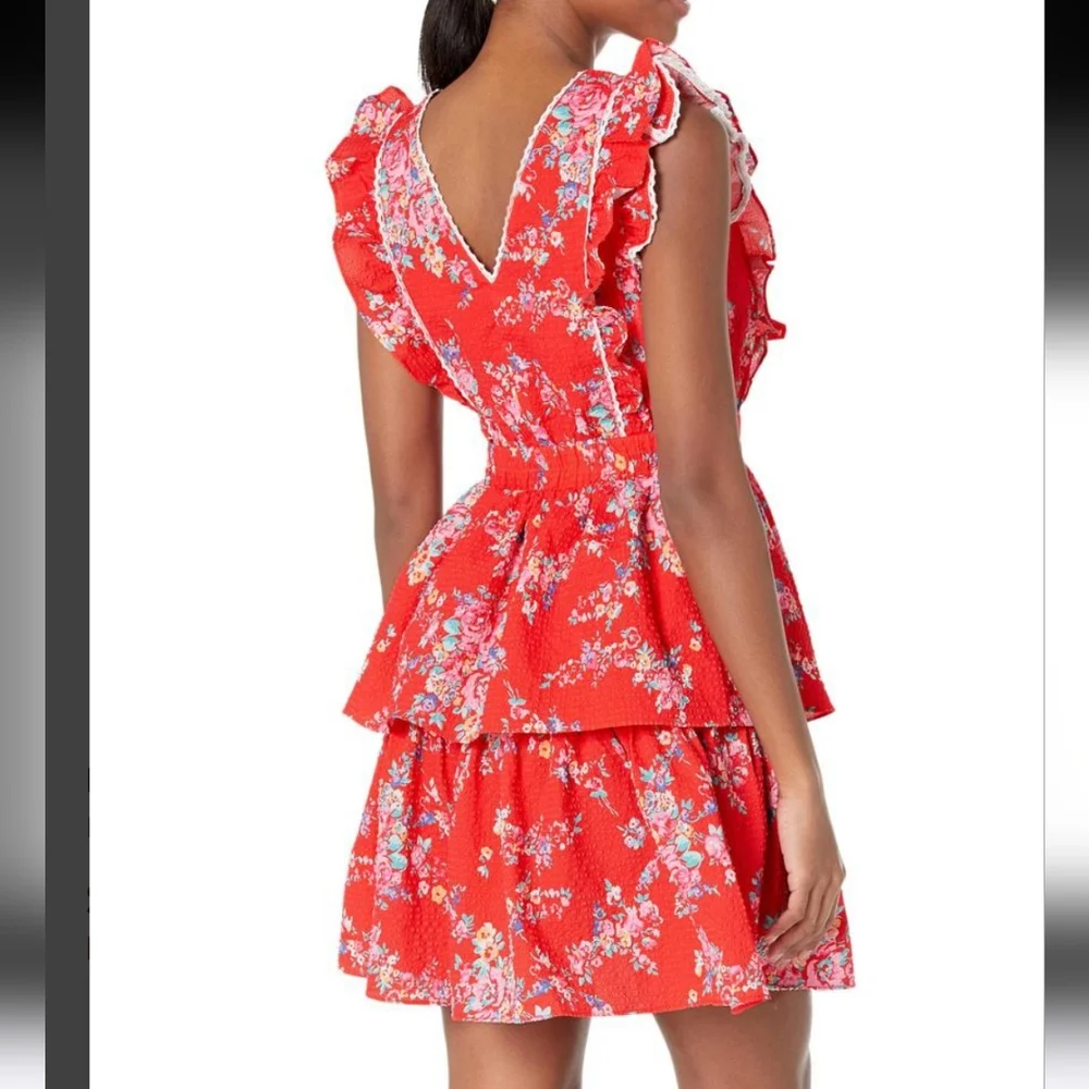Betsey Johnson Red Floral Cotton Bush Gardens Seersucker Tiered Mini Dress Small - Picture 2 of 5